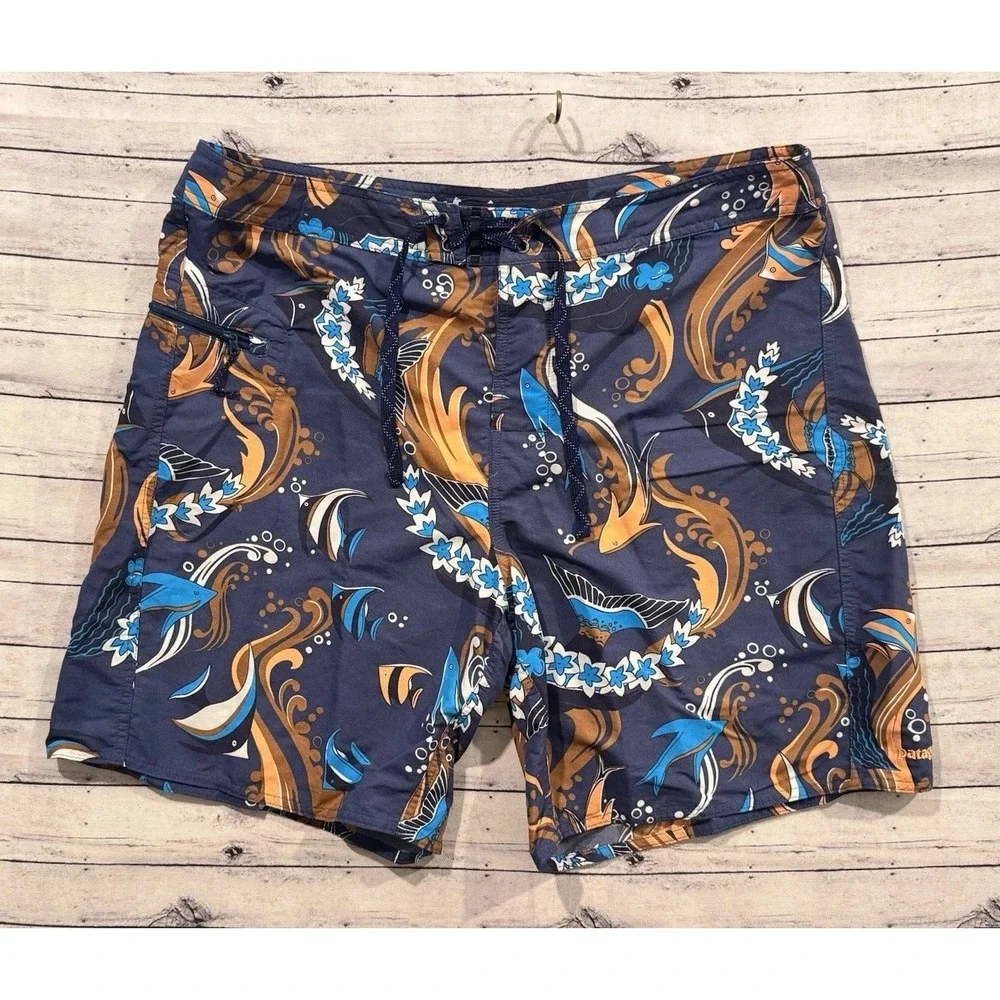 PATAGONIA Mens Board Short Sz 38 Blue Minimalist Wavefarer Nylon Fish Swim Trunk